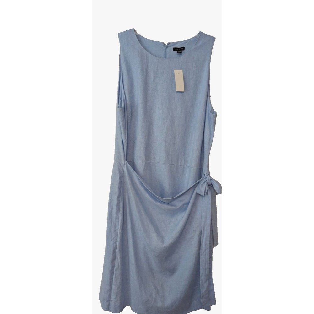 Ann Taylor Gingham/Mélange Midi Faux Wrap Sheath Dress Linen Blend Blue 14 NWT